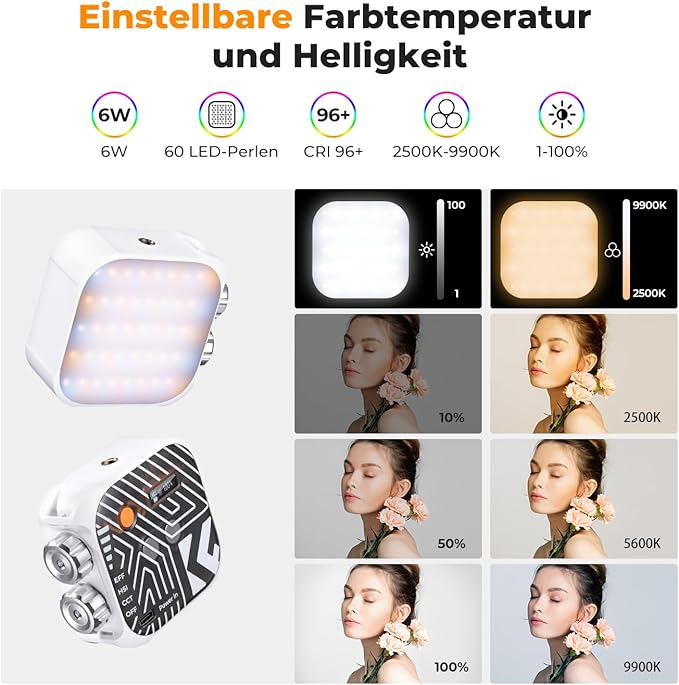 K&F CONCEPT RGB Video Light, 360° Full Color Portable Photography Light, LED Camera Light w 21 Light Effects, 2500K-9900K CRI 96+, 2000mAh Rechargeable Photography Lighting for Vlogging, Selfie, White