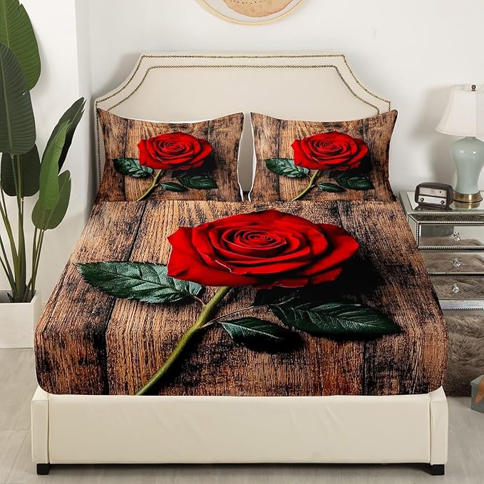 Erosebridal Red Rose Print Sheet Set - Blossom Rose Flowers Queen Size 4 Pcs - Love Romantic Moment Print Bedding - Brown Wooden Farmhouse Fitted & Flat Sheet - Valentine's Day