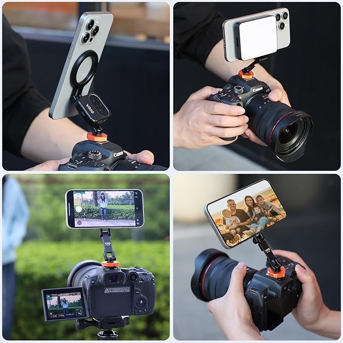 VRIG MG-28 Metal Phone Tripod Mount for magsafe, Magnetic Camera Mount for iPhone 17 16 15 14 13 12, 360° Rotation Adjustable Cold Shoe Phone Mount for Cameras, Tripods