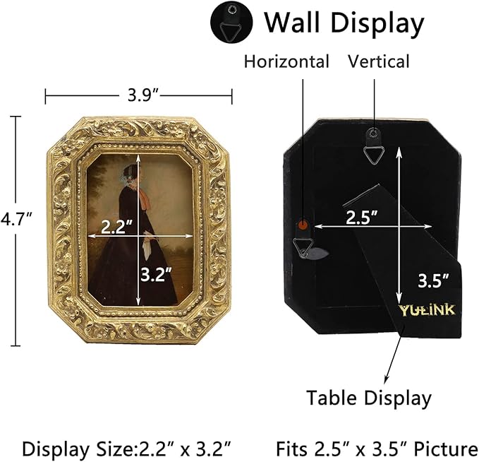 2.5x3.5 Small Vintage Picture Frame, Mini Antique Ornate Gold Photo Frame, Tiny Retro Octagon frame, for Tabletop and Wall Display, Old Fashioned Photo Gallery Art Decor