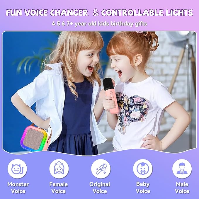 Mini Karaoke Machine for Kids Girls Boys - Birthday Gifts for Ages 4 5 6 7 8+ Year Old - 2026 New est - Portable Bluetooth Speaker with 2 Wireless Microphone - Kids' Instrument Accessories - Pink