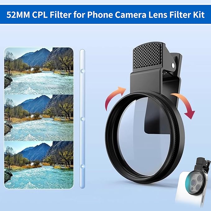 52mm Clip-on CPL Phone Camera Lens Filter–Universal CPL Filter Compatible with Smartphones, HD Polarizing Phone Lens to Reduce Glare Enhance Colors for Pro-Level Photos