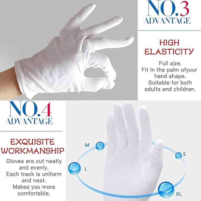 YITIAOYU 24 Pairs Soft White Cotton Gloves for Moisturizing Eczema Sleep Treatment, and Archival Inspection Handling of Coins, Jewelry, Silver, and Costume Artifacts (XL)