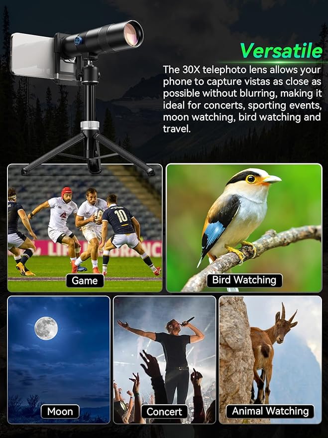 APEXEL High Power 30x HD Telephoto Lens for iPhone | Phone Camera Lens for Outdoor Photography | Compatible with iPhone, Samsung, Pixel | Includes Tripod with Universal Smartphone Clip & Tripod Mount