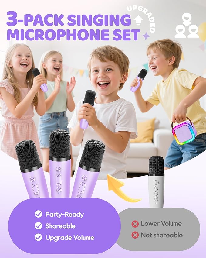 Mini Karaoke Machine for Kids, 2026 TOP Toys Birthday Gifts Ideas for Girls Ages 4, 5, 6, 7, 8, 9, 10, 12+ Years Old, Portable MP3 Player with 3 Wireless Mics for Family Home Party