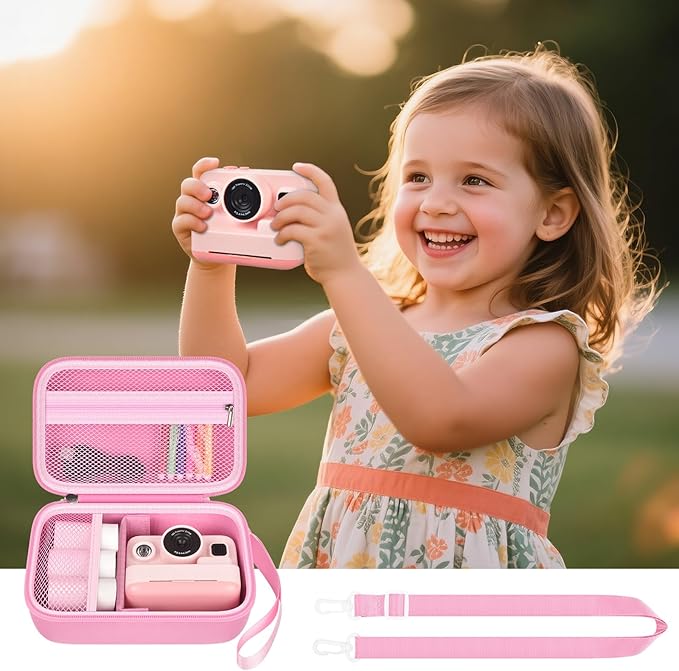 Kids Instant Print Camera Case for Dylanto/for Gofunly/for DUDUDRAGON/for ESOXOFFORE, Digital Video Camera Storage Box with 3 Roll Papers, Holder for Color Pen and Accessories (Bag Only)- Pink