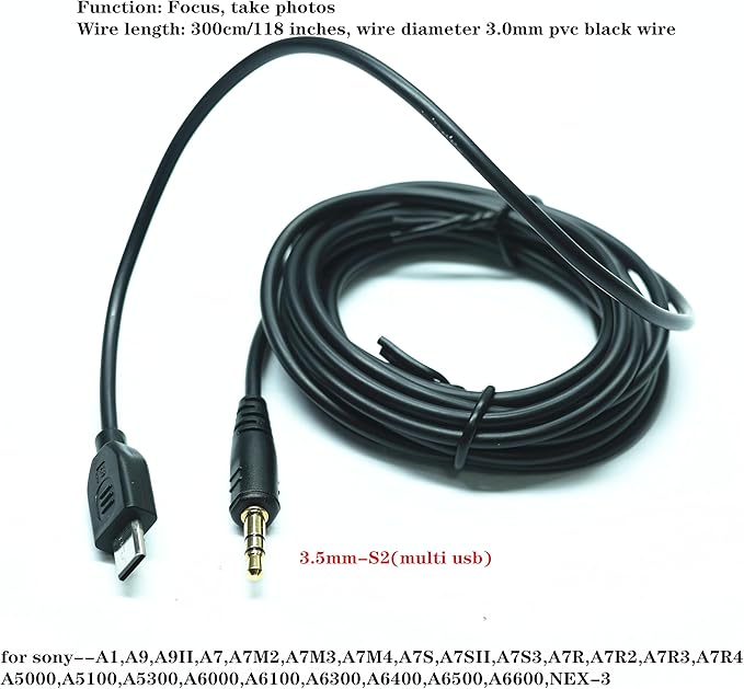 300cm Extension Cable vpr1 3.5mm-Multi Shutter Release Cable for Sony Cameras to Connect The Shutter Remote Control Wireless/Also Available for PocketWizard Plus III II MultiMAX (3.5-S2 118in/3m)