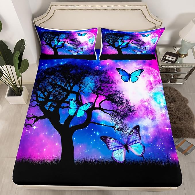 Blue Butterfly Queen Bedding Sets for Girls Purple Starry Sky Bed Sheets Cute Butterfly Print Sheet Set Gradient Galaxy Fitted Sheet Dream Themed Sheets for Boys Teen Kids Lovely Insect Decor Bed Set