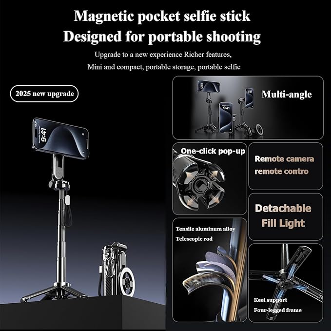 Magnetic Pocket Selfie Stick, 4-in-1 Magnetic Selfie Stick for iPhone with Rechargeable Remote, Portable Extendable Tripod Stand for Home, Travel, Vlogging & Video Recording (Black)
