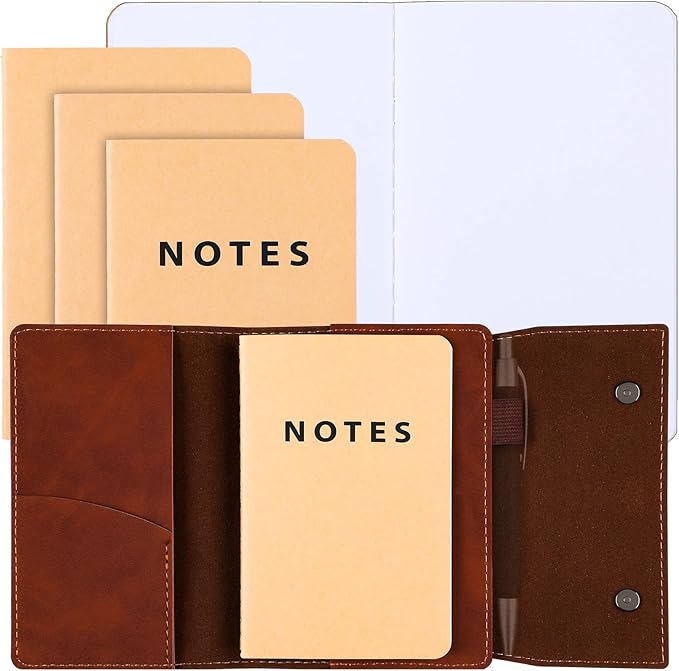 Frienda Field Notebook Leather Cover with 3 Pcs Pocket Notebooks 3.5" x 5.5" Small Journal Note Cover Blank Mini Notepad Holder Memo Sheets for Offices Meetings Daily Records Travel