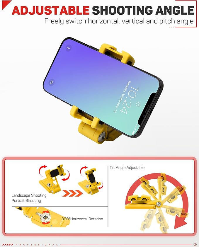 IFOOTAGE Phone Holder, Phone Tripod Mount Adapter with Cold Shoe, 360° Rotation Cell Phone Holder for Tripod, Selfie Stick, Desk Phone Stand with Adjustable Clamp, Yellow