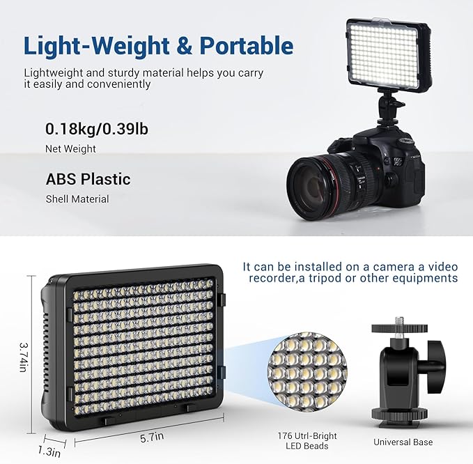 Tolifo PT-176S 11W Camera Light, Dimmable LED Video Light Panel with 2200mAh Rechargable Battery, Portable CRI 95+ Photo Light for DSLR Camcorder/Photography Lighting, with 5 Color Filters, Hot Shoe