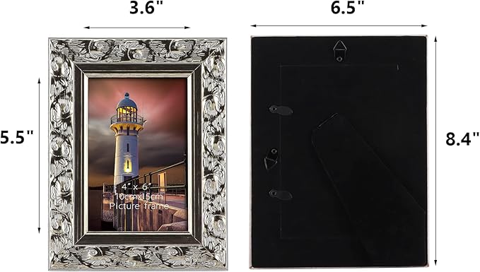 Edenseelake 4x6 Picture Frame Set of 2, Vintage Photo Frame with Carved Retro Pattern for Tabletop and Wall Decoration, Silver