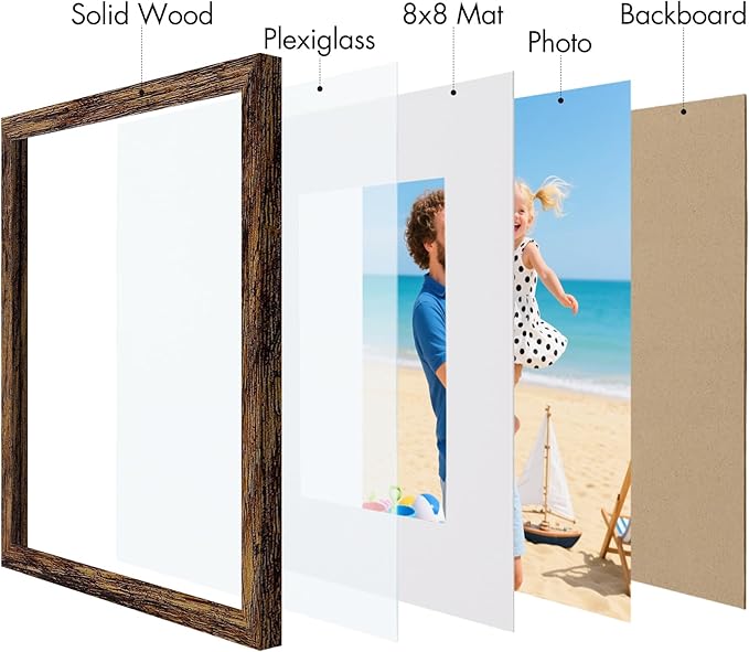 Vittanly 12x12 Picture Frame, Made of Solid Wood and Shatterproof Plexiglass, Display Pictures 8x8 with Mat or 12x12 without Mat, Wooden Photo Frame for Wall Mounting, Dark Brown, 1 Pack