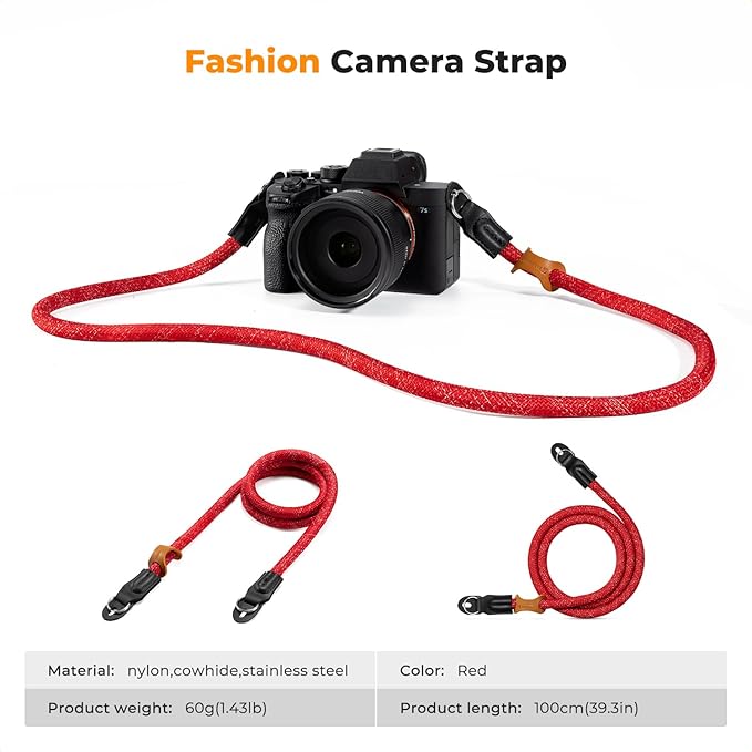 K&F CONCEPT Camera Neck Strap,100cm Nylon Rope Camera Shoulder Strap with O-ring for DSLR Camera-Red