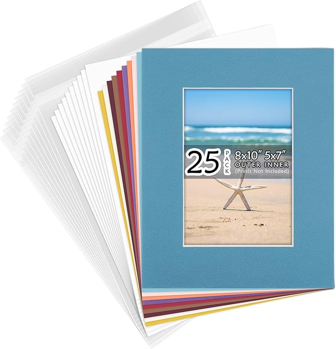 Pack of 25 sets 8x10 MIXED COLORS Picture Mats Mattes Matting for 5x7 Photo + Backing + Bags