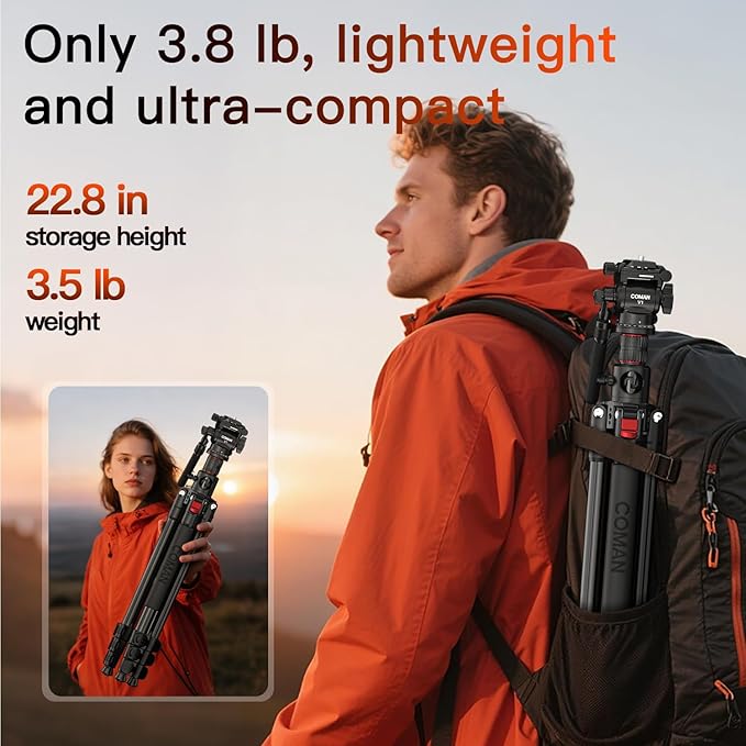 COMAN 72" Overhead Camera Tripod, Horizontal Video Tripod with Fluid Head QR Plate, Detachable Monopod, for DSLR Camera and Phone Camcorder Spotting Scope