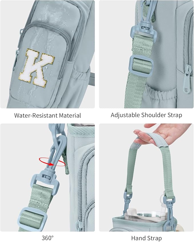 sportsnew Birthday Gifts for Women Personalized Initial Water Bottle Holder with Strap fits most 40oz Tumbler with Handle Water Bottle Carrier Bag with Phone Pocket & Straw Topper Tumbler Accessories