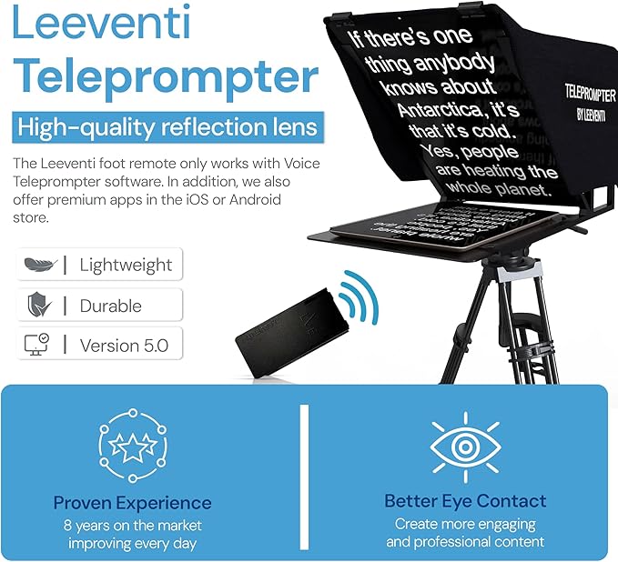 Teleprompter 5.1 12" Compatible with iPad, Tablet, Smartphone and DSLR Camera, Remote or App Control, Compatible with Android and iOS, Ideal for Video Recording, Aluminum Alloy
