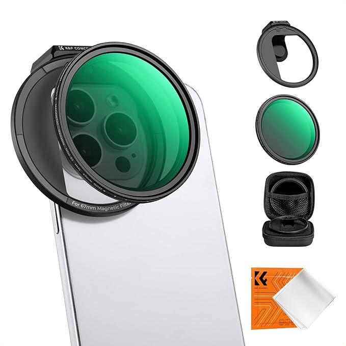 K&F CONCEPT Clip On 67mm Variable ND2-32 Magnetic Phone Lens Filter Kit, Phone Clip with Magnetic Adapter Ring/Cold Shoe/Locking Knob, Neutral Density Filter Compatible with iPhone 16 15 Pro Max 14 13