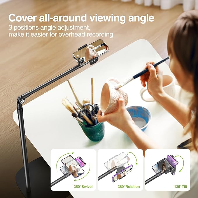elitehood Floor Phone Stand Overhead Video Recording, 360 Degrees Swivel Tilt Adjustable iPhone Stand for Bed, Chair, Desk, Floor Phone Holder Compatible with iPhone 15, 14, 13, 12, Android Phone