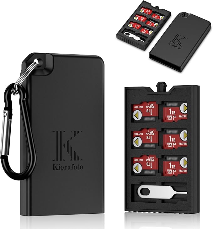 Pop-up Small TF Memory Card Case Holder for 8 TF MSD Cards with Carabiner, Portable Anti-Shock Splash-Proof MicroSD Card Case Storage Protector Organizer Keeper Container, Card Remove Tool Included