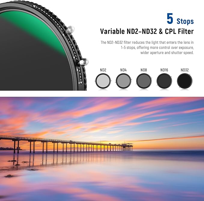 NEEWER 2 in 1 52mm Variable ND Filter ND2–ND32&CPL Filter(Circular Polarising) No X Cross/30 Layer Nano Coated/HD Optical Glass/Water Repellent/Scratch Resistant Polarizing Filter