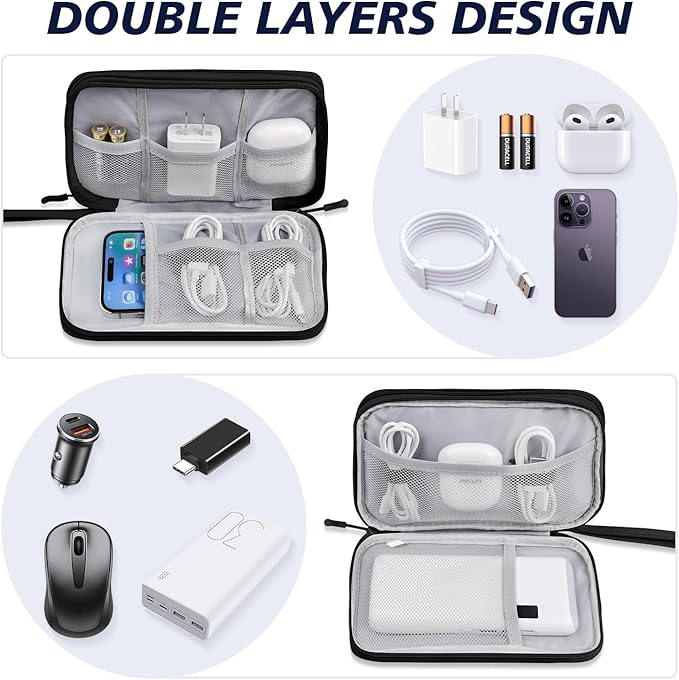 Electronics Organizer Travel Case, Travel Accessories Essentials for Men Women, Cord Organizer Travel Tech Pouch, Waterproof Double Layers Storage Bag for Cable, Charger, Phone, Earphone, Black