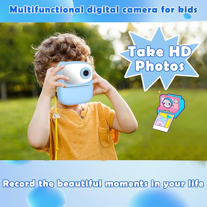 Kids Camera Instant Print for Kids, Kid Camera Instant with Mirror, HD Dual-Lens Selfie Digital Camera with 3 Rolls Print Paper & 32GB Card, Holiday Birthday Gifts Toys for Girls Boys Toddler.（Blue