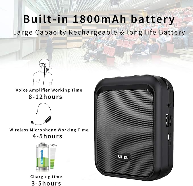 SHIDU Mini Voice Amplifier Portable Bluetooth Speaker with UHF Wireless Microphone Headset 10W 1800mAh PA system Supports MP3 Format Audio for Teachers, Coaches, Training, Tour Guide.