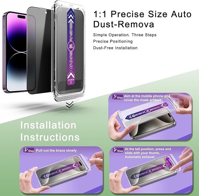 SHANG PIN JIA 2 Pack Privacy Screen Protector for iPhone 15 Plus and iPhone 14 Pro Max 6.7-Inch Auto Dust Removal, No Bubbles, Anti-Spy Tempered Glass Film, Easy Installation