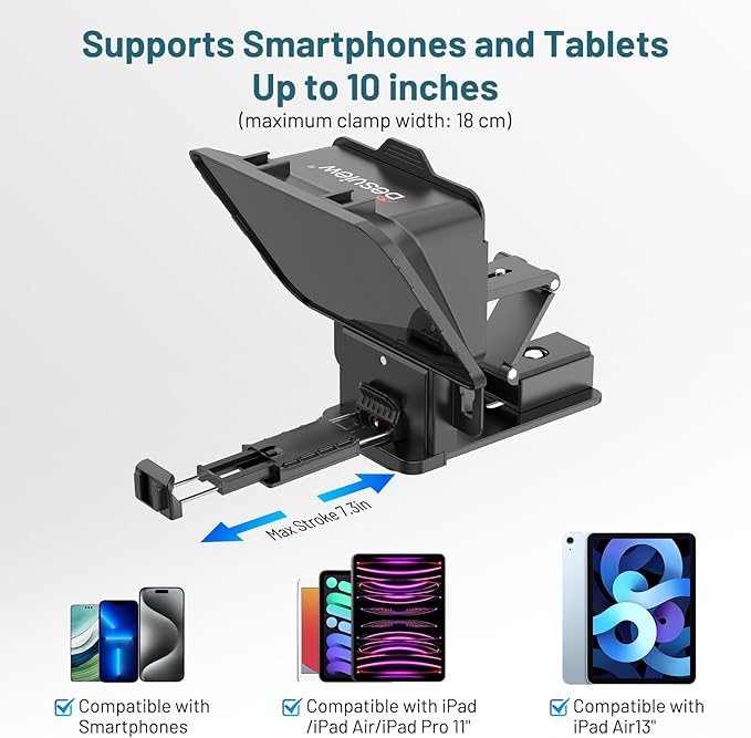 Desview P8 Universal Teleprompter for Smartphone Camera, DSLR Webcam Tablet up to 10" with Bluetooth Remote Foldable Design for Live Streaming Video Recording YouTube TikTok Videos