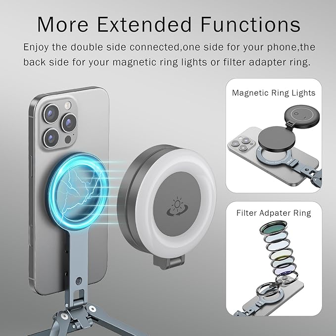 Magnetic Phone Tripod Mount,Aluminium Mini Tripod Pocket Cell Phone Stand with Cold Shoe Mount, 1/4" Screw & Foldable Hook Compatible for iPhone 12/13/14/15/16 & MagSafe Cases