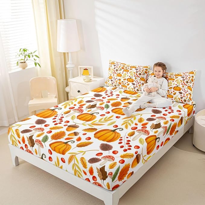 Erosebridal Fall Decor Bed Sheets Full Size, Pumpkin Autumn Leaf Bedding Set, Farmhouse Harvest Mushroom Fitted Sheet Set, Farm Fall Leaves Sheets for Kids Adults Thanksgiving Bedroom Decor