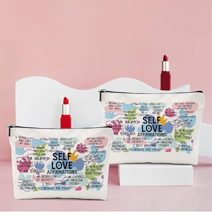 2PCS Positive Affirmations Makeup Bag Self Love Gifts Mental Health Inspirational Gifts for Women Girl Sister the Counselor Coworker Birthday Friendship Graduation Travel Toiletry Cosmetic Bag