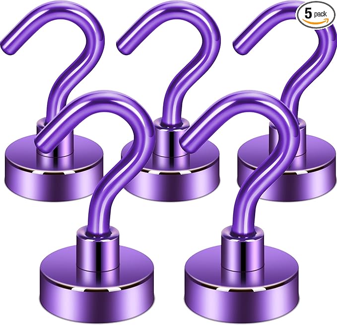 Neosmuk Magnetic Hooks, Cruise Ship Essentials, 30lb+ Heavy Duty Magnetic Hooks for Cruise Cabins, Refrigerator, Grill, Hanging, and Travel | Extra Strong Must-Haves Magnet Hook,Purple,5 Pack