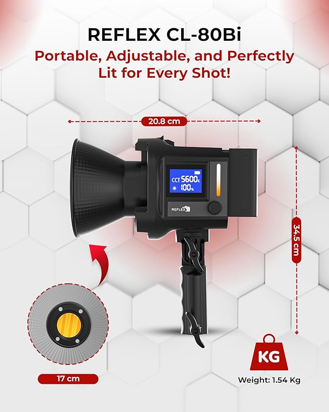 REFLEX CAMERA Professional 80W Handheld LED Photography Light – Portable Studio Video Light, Continuous Lighting for Photography, Handheld LED Spotlight. 3200-5600K 18000lux/1m CRI97 12 Effects + RGB