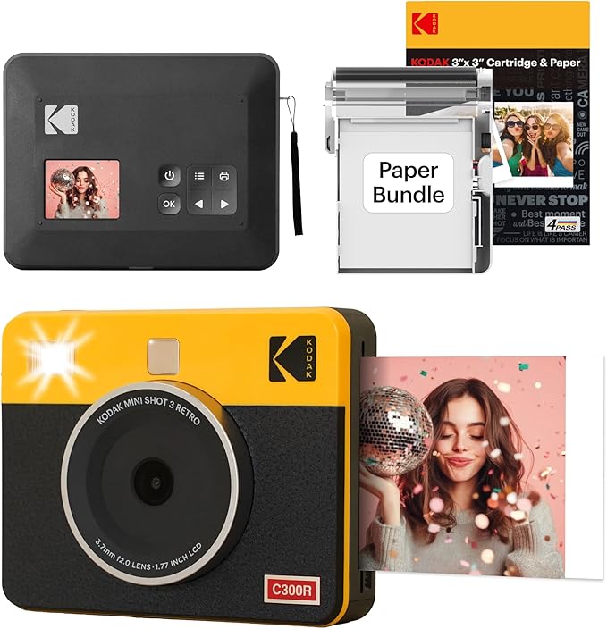 KODAK Mini Shot 3 Retro 4PASS 2-in-1 Instant Digital Camera and Photo Printer (3x3 inches) Initial 8 Sheets + 30 Sheets Cartridge Bundle, Yellow (NOT Zink)