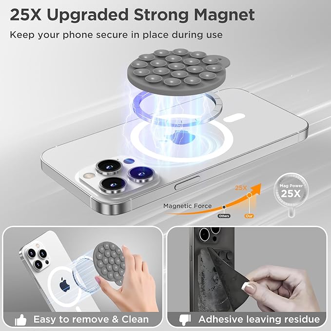 Magnetic Suction Cup Phone Mount with MagSafe, Silicone Hands-Free Grip Holder for iPhone Case and Android, Mirror Shower Phone Stand for Makeup FaceTime Gym Kitchen Bathroom, Gray