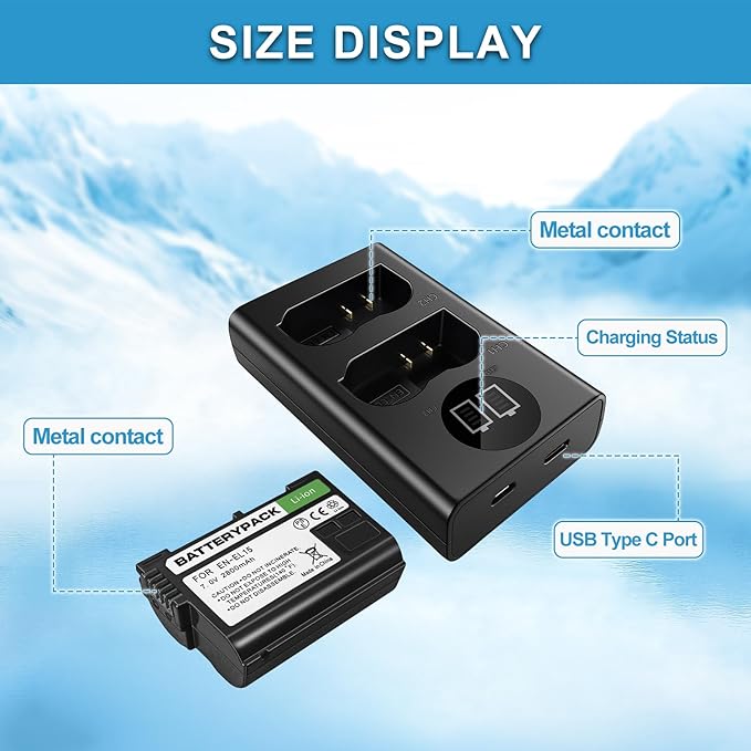EN-EL15 Replacement Battery with LCD Dual Charger - 2800mAh Li-ion Battery for Nikon D850 D750 Z6II Z7II Z5 D500 D7500 D800 Z8 Zf D810 D800E D810A D600 D610 1 V1 DSLR & Mirrorless Cameras