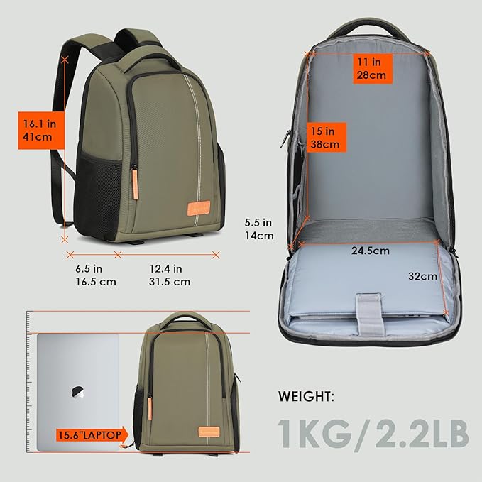 TARION Large Camera Backpacks for Photographers - Waterproof Camera Bag Photography backpack with 15.6" Laptop Compartment Rain Cover Side Access Tripod Holder(TB04 Green)