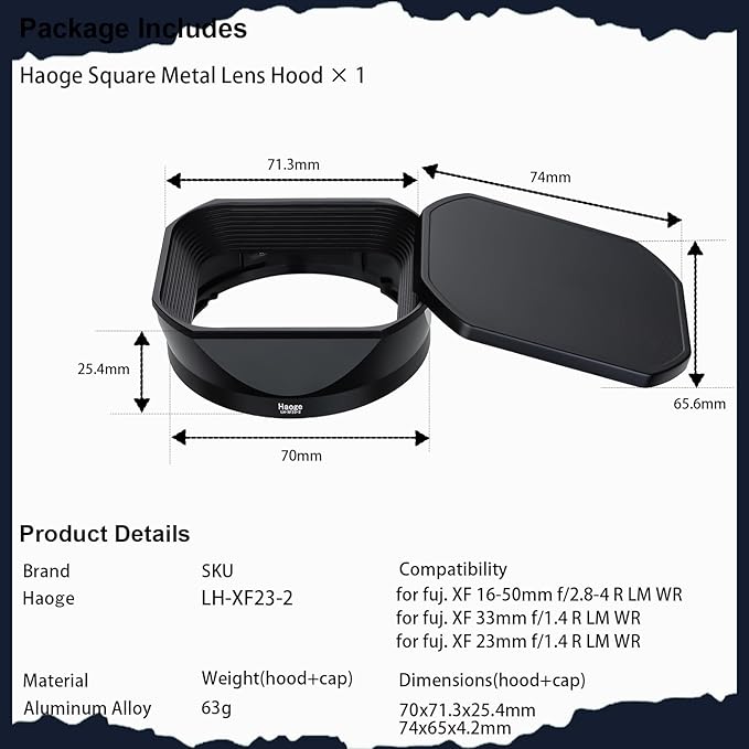 Haoge Metal Square Lens Hood for Fujifilm Fujinon Fuji XF 16-50mm F2.8-4.8 R LM WR & XF33mm F1.4 R LM WR,XF 23mm f/1.4 R LM WR Lens Replaces LH-XF23 II/2 Hood with a Hood Cap on X-T5 X-T4 XT50 Camera