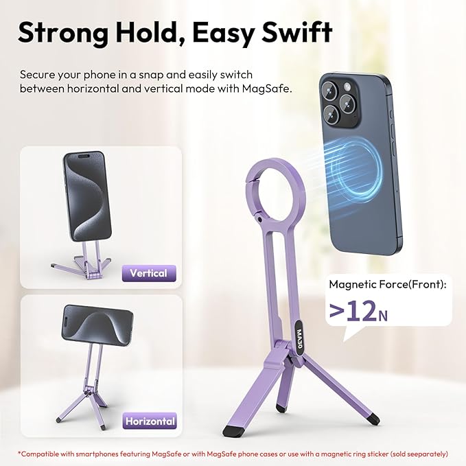 ULANZI MA30 Magnetic Phone Tripod Stand for iPhone, Aluminium Maglock Smartphone Mini Tripod Pocket Cell Phone Stand Strong Magnet Compatible with iPhone 17 16 15 14 13 12 Series, Lavender