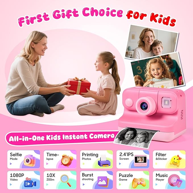 Kids Instant Print Camera with Carrying Bag, 1080P HD Girl Camera with 4 Print Paper Rolls, Color Pens & 32GB Card, Christmas Birthday Gifts Kids Girl Toys for 3-12 Years Old (Pink)