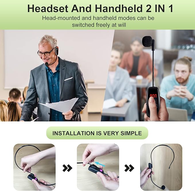 XIAOKOA Wireless Microphone Headset, UHF Head Mic Speaker System, Professional Voice Amplifier Headset Microphones, with LED Digital Display, for Teaching Fitness Instructor Tour Guide