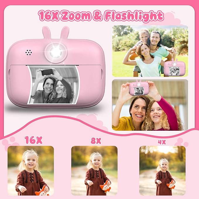 Instant Print Camera for Kids, Toddler Cameras Christmas Birthday Gifts for Boys Age 3-12, 1080P HD Digital Video Cameras for Toddler,Kids Portable Toy with 3 Rolls Photo Paper 32GB SD Card (Pink)