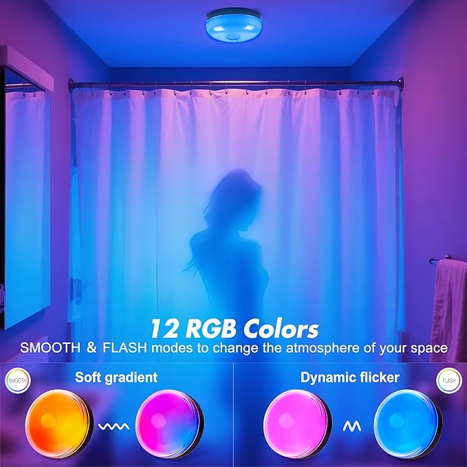 2-Pack Waterproof Shower Lights for Inside Shower, 15 RGBW Color Rechargeable Mood Lighting with Remote(Dimmable＆Timer), LED Wireless Ceiling Light for Bathroom, Closet, Hallway, Stairs, Party Decor