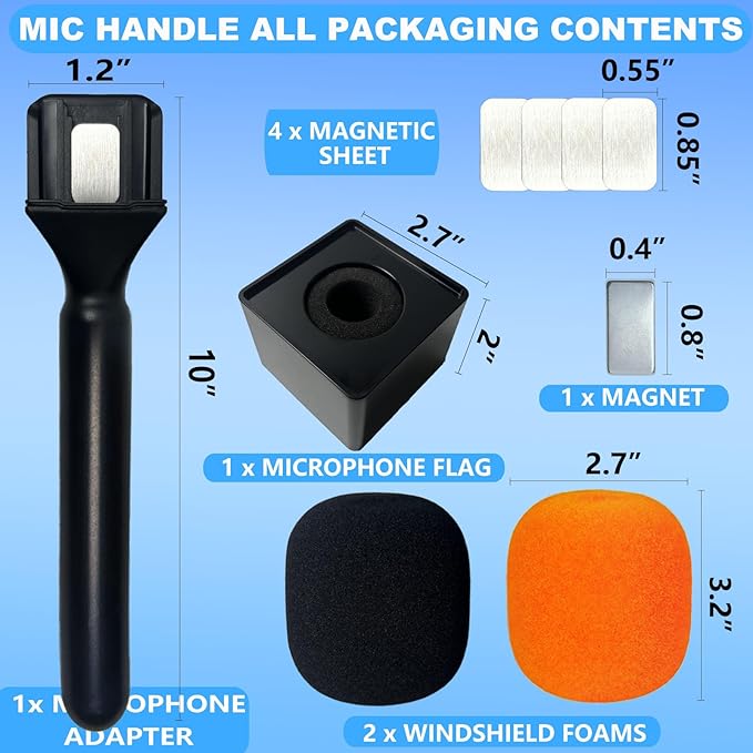 Mic Handle for DJI/DJI Mini/2/3, Microphone Holder for Rode GO/Hollyland Lark Wireless Lavalier Mic, Universal Magnetic Mic Holder with Flag/Pop Filter for Vlogging, Interview, Podcast, Reports