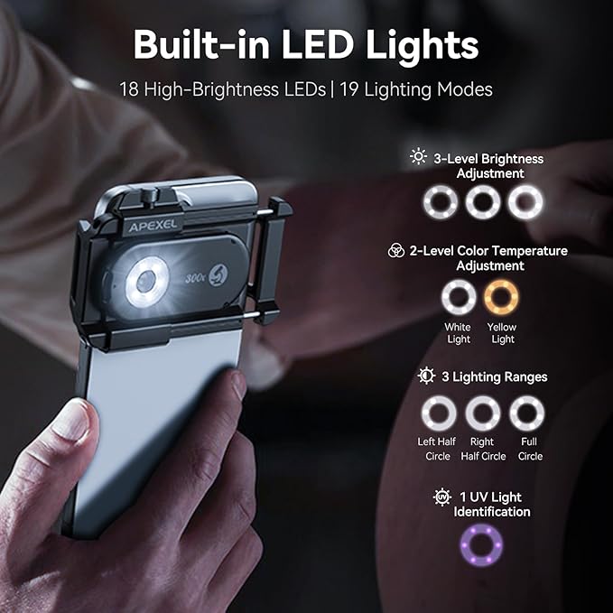 APEXEL 300X Phone Microscope Lens, Phone Camera Micro Lens with Universal Clip/LED Light/CPL, Mini Pocket Microscope, Phone Lens Attachment Fit for iPhone 17/16/15/14/13, Samsung, and Most Smartphone