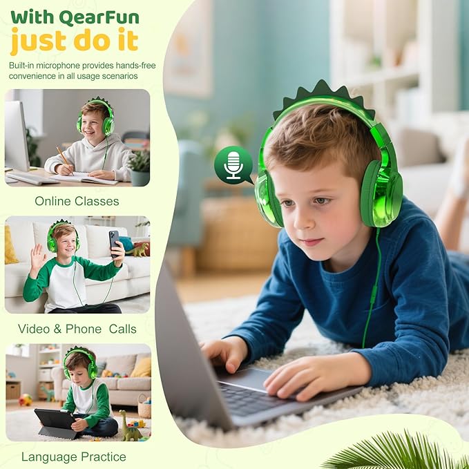 QearFun Kids Unicorn Headphones with USB C for Girls with Microphone, 85/94dB Safe Volume Limiter, Tangle-Free Cord, Share Port, Foldable Sparkly Wired Headset for School, Travel, Tablet, iPad